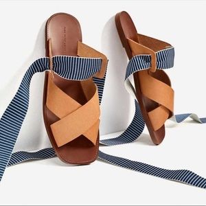 Zara Brown Leather Blue Ribbon Ankle Wrap Sandals